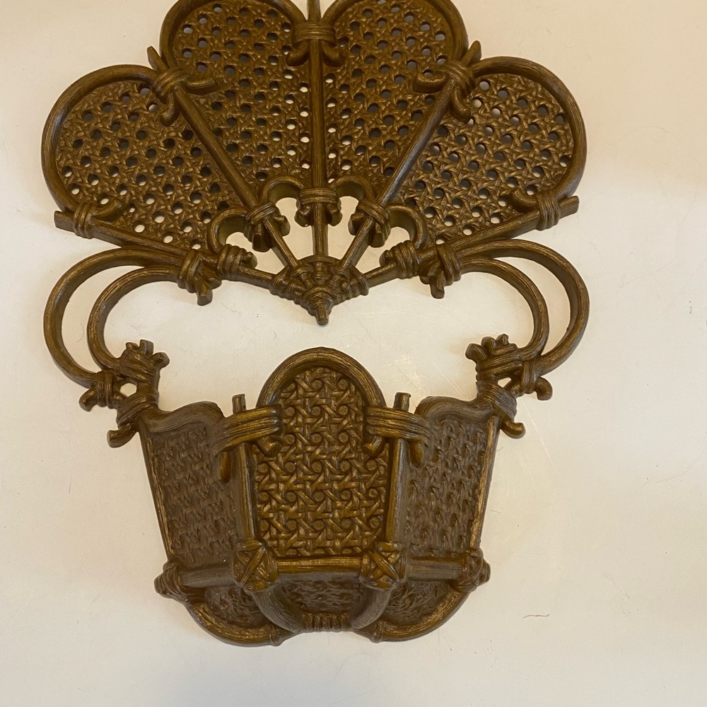 Vintage 1981 Burwood Faux Wicker Rattan Hanging Wall Pocket Planter  MCM USA